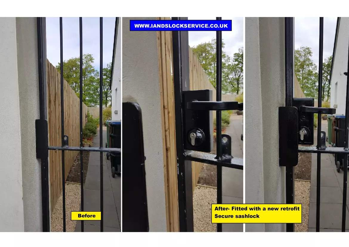 Iron Security gate fitted with secure retrofit sashlock by locksmith in Ayrshire Ayr